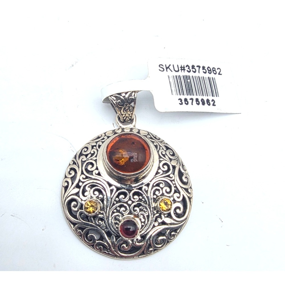 New Djoy Amber Garnet Bali Sterling Silver Filigree 1.7" Necklace Pendant